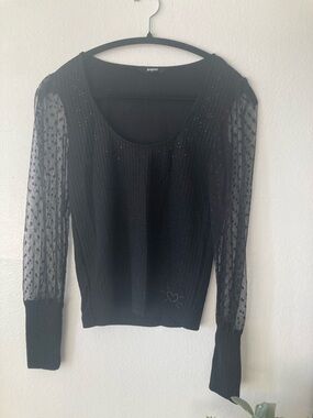 Desigual Black Long Sleeve Scoop Neck Top with Sheer Polka Dot Sleeves